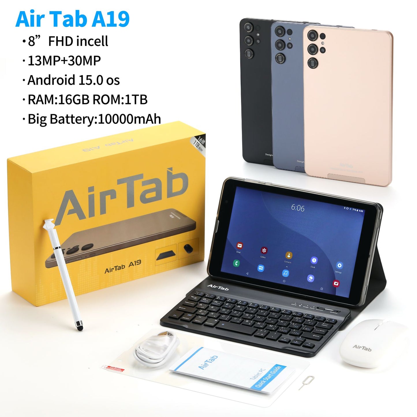 A19 tablet with keyboard and mouse, 6-month warranty, gift set